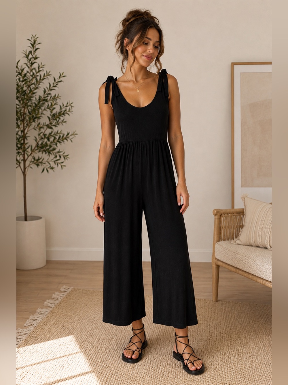 Petal + Pup Ayla Black 100% Linen Tie-Strap Jumpsuit — Size M 🖤